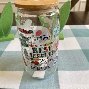 Glass tumbler with bamboo lid & straw - vinyl decal for teachers